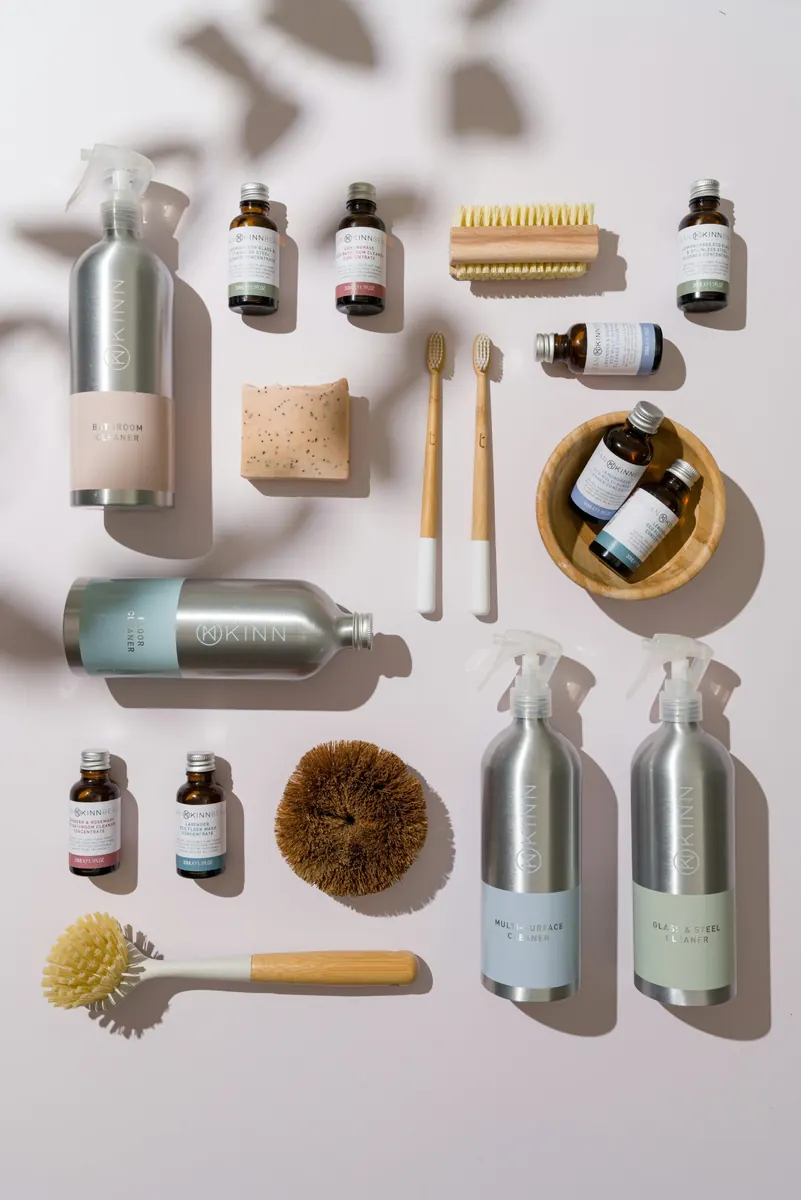 Cleaning supplies and tools laid out